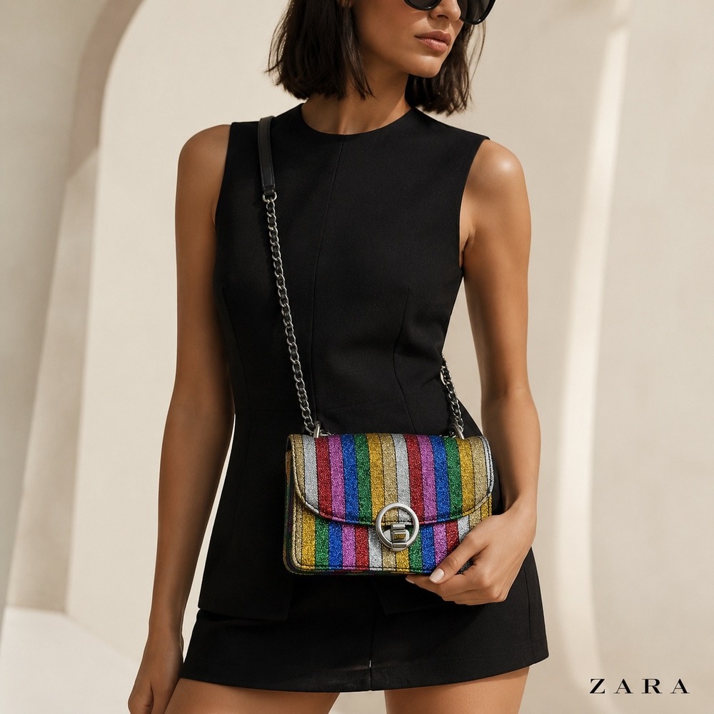 Zara Rainbow Glitter Metallic Striped Crossbody Bag Silver Hardware Multi